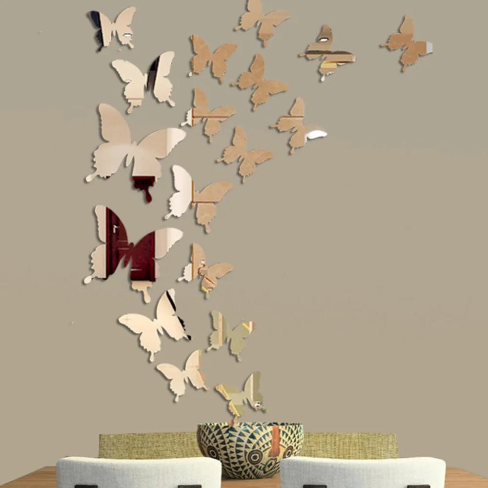 12pcs 3D Butterfly Mirror Wall Sticker Decal Removable DIY Art Party Wedding Decoration Kids Room Home Decor Crystal Sticker