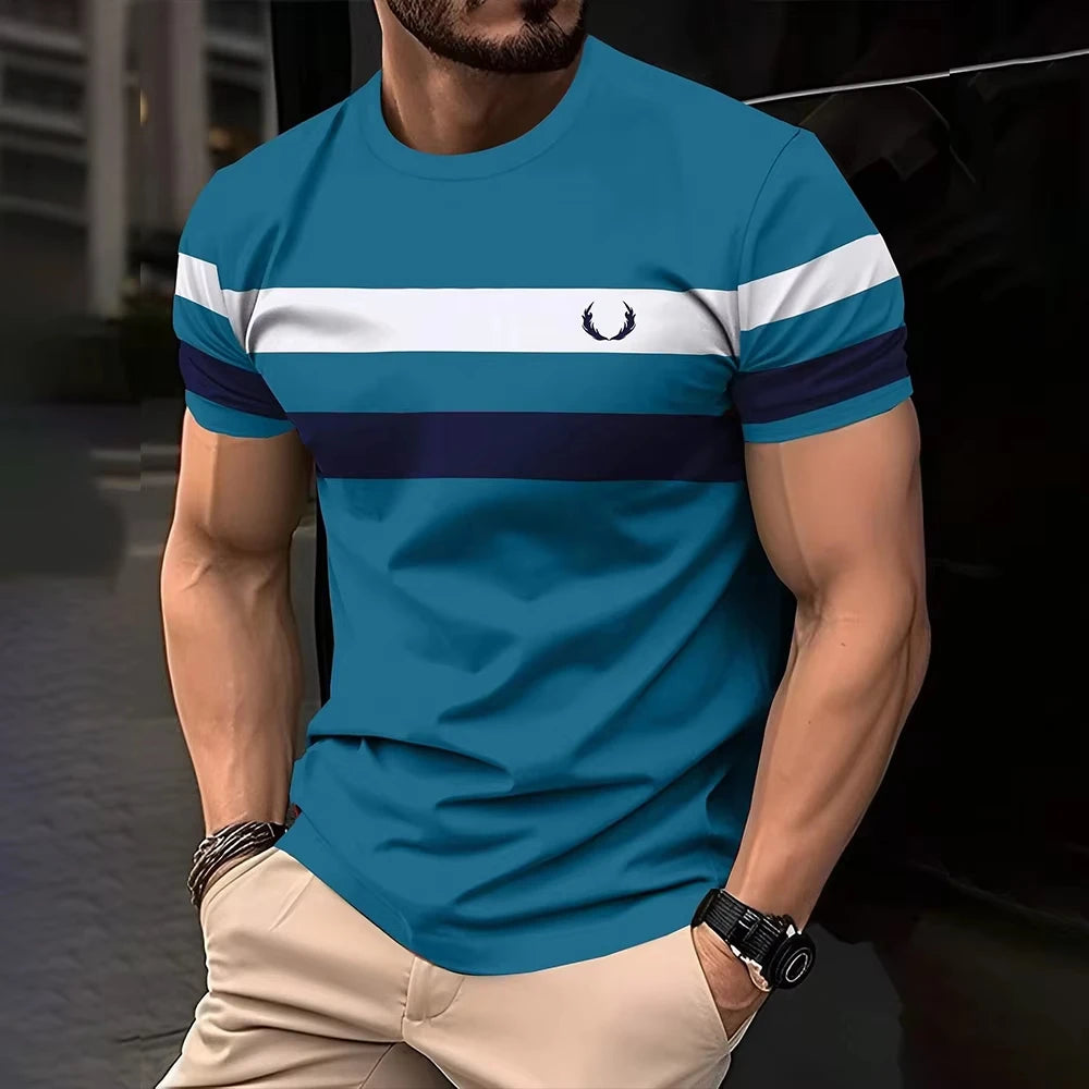 Simple casual printed striped men's T-shirt fashionable street men's summer top short sleeved loose oversized T-shirt