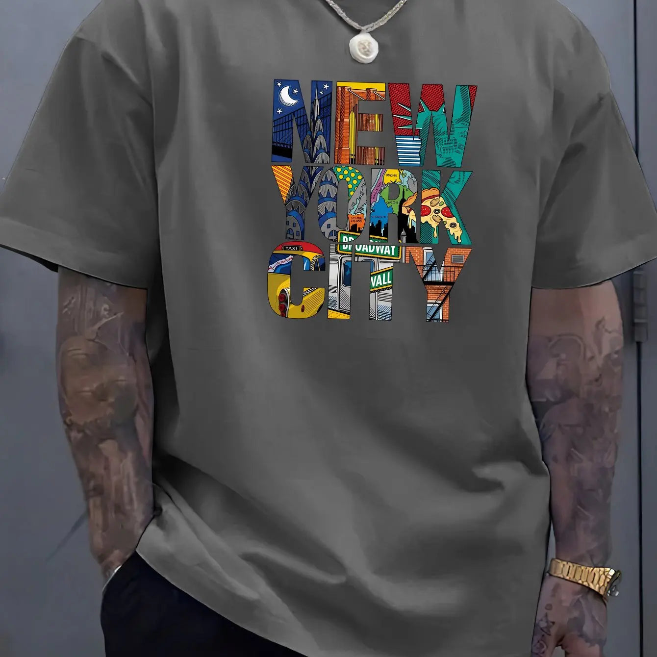 Summer men's 100% cotton comfortable casual loose plus size NEW YORK CITY printed sports round neck short sleeved T-shirt top