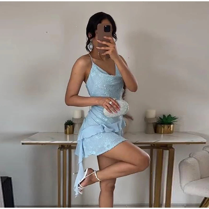 Fashion Glitter Sequin Ruffle Sling Mini Dress For Women Elegant Sleeveless Backless Short Suspender Dress Summer Party Vestidos
