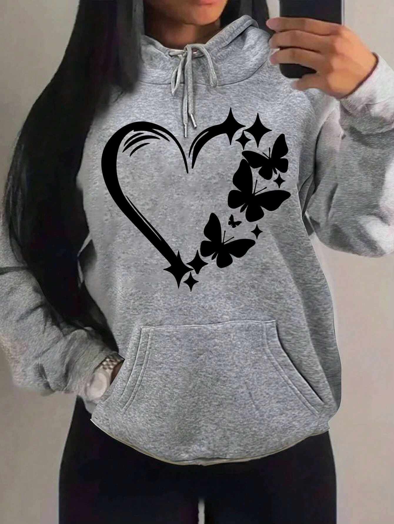 Combination Of Love And Butterfly  Pattern Hoody Women Hip Hop Street Hoodies Trendy Pocket Clothes Vintage Multicolor Hoodie
