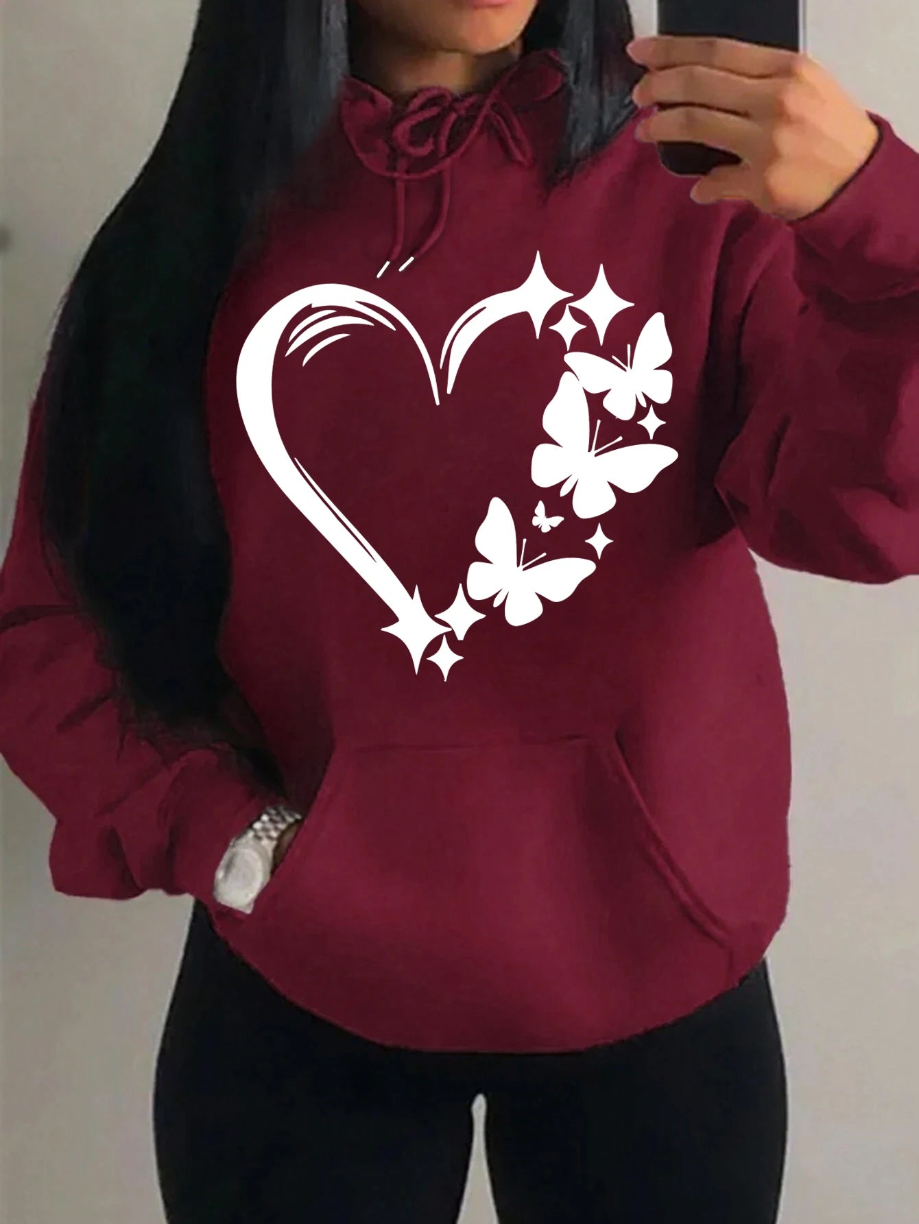Combination Of Love And Butterfly  Pattern Hoody Women Hip Hop Street Hoodies Trendy Pocket Clothes Vintage Multicolor Hoodie