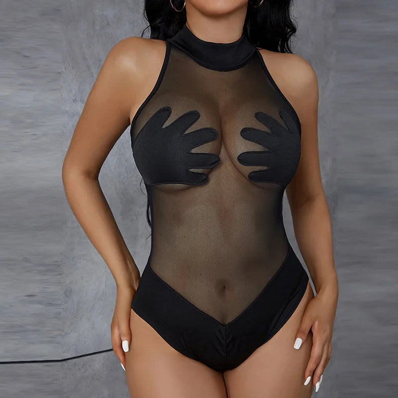 BornToGirl Sexy Bodysuit Women Black Bodycon Round Neck One Pieces Solid Slim Mesh Bodysuits Overalls Tops Body Suit Y2K