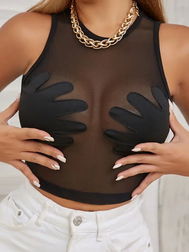 Fashion Round Neck Sleeveless Y2k Top Sexy Net Yarn Slightly Sheer Women Clothing High Stretch Embroidery Streetwear Crop Top