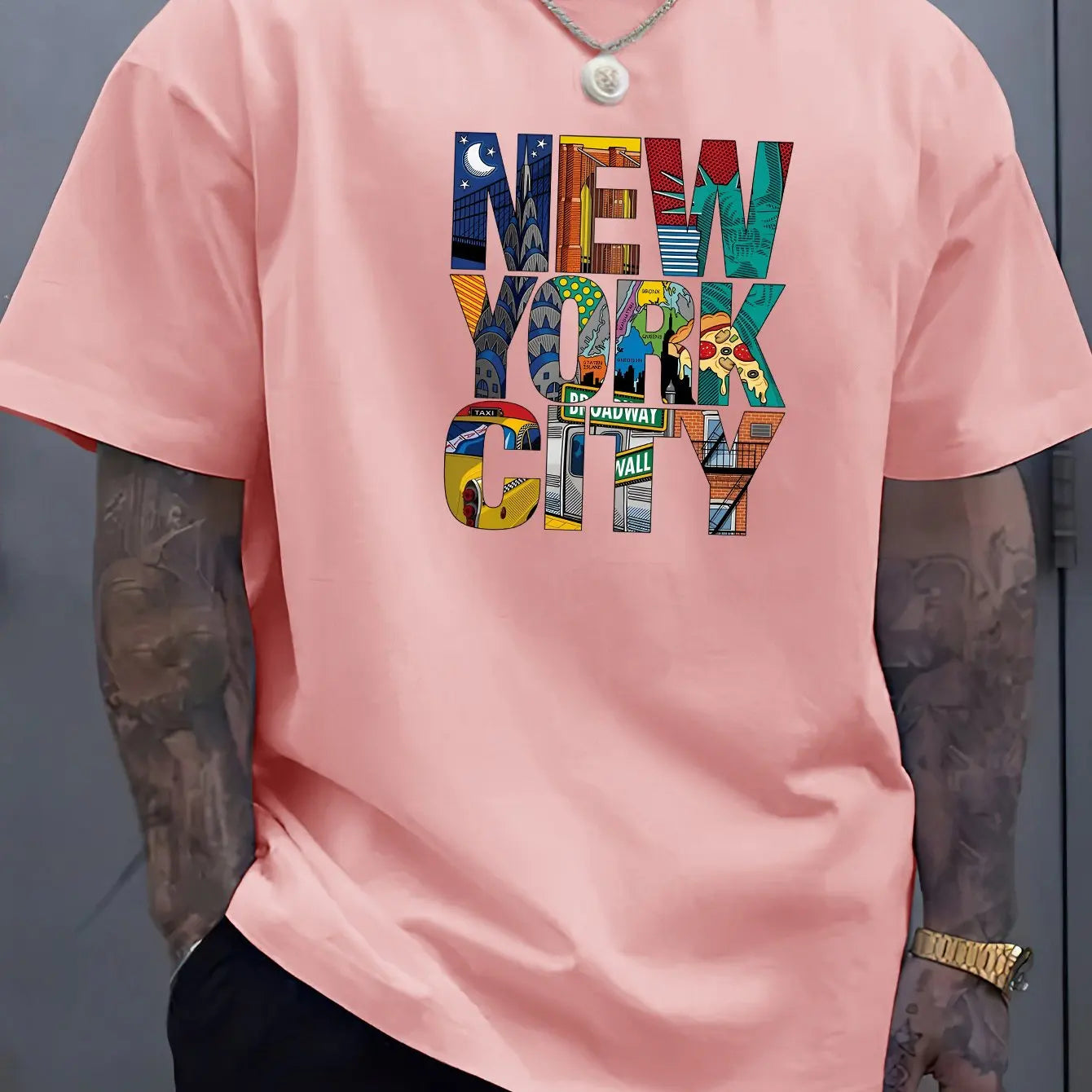 Summer men's 100% cotton comfortable casual loose plus size NEW YORK CITY printed sports round neck short sleeved T-shirt top