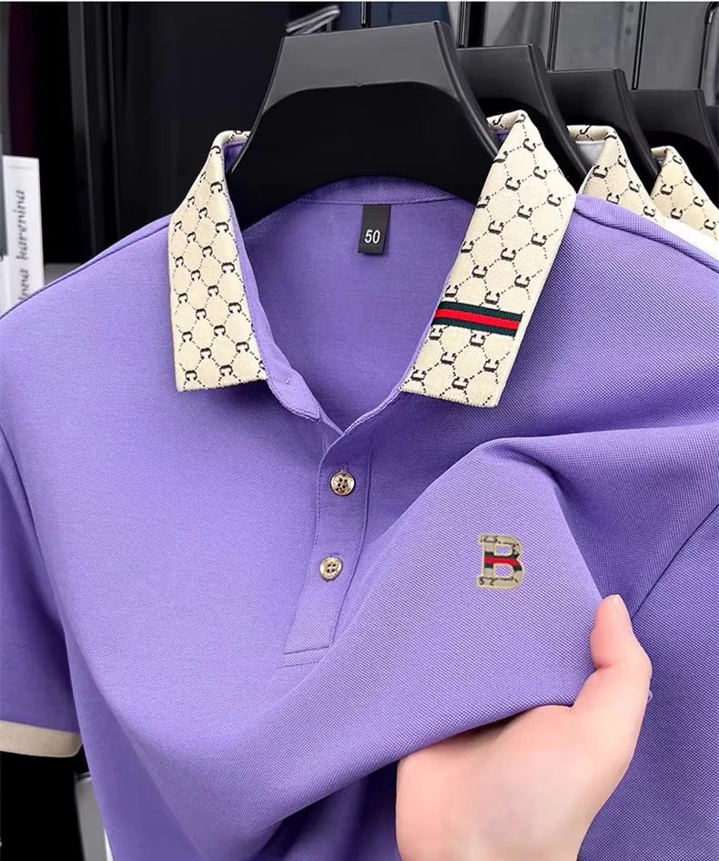 Luxury brand B letter printed pattern short sleeved men's summer polo shirt breathable new color blocked business casual T-shirt