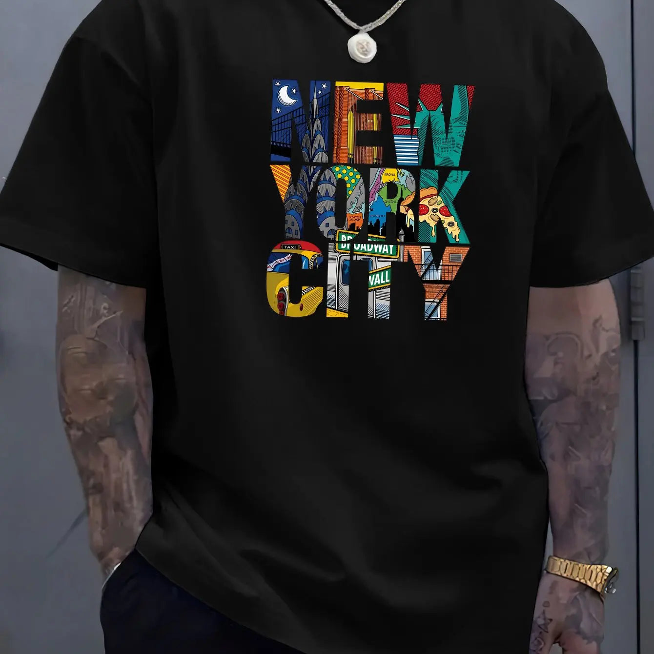 Summer men's 100% cotton comfortable casual loose plus size NEW YORK CITY printed sports round neck short sleeved T-shirt top