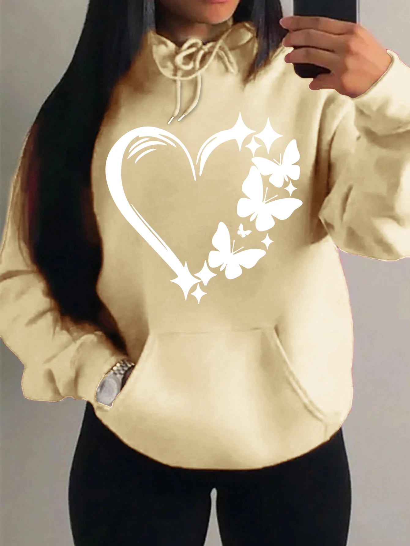 Combination Of Love And Butterfly  Pattern Hoody Women Hip Hop Street Hoodies Trendy Pocket Clothes Vintage Multicolor Hoodie