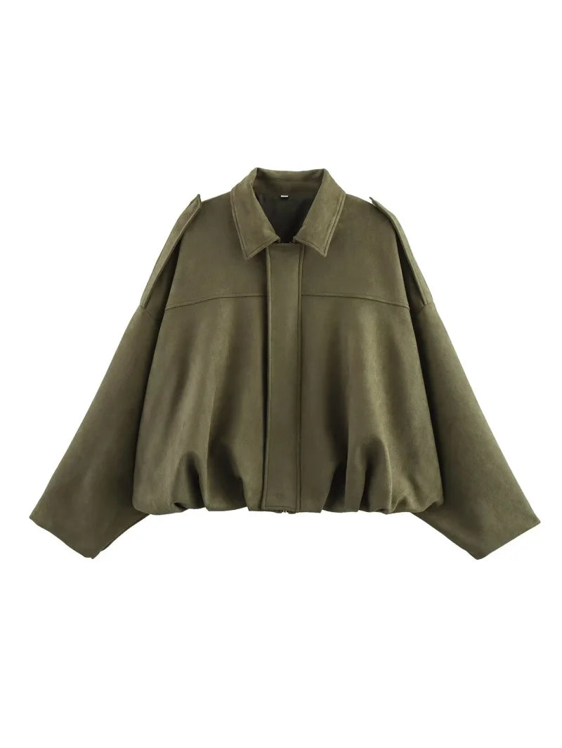 ETJ 2025 TRAF Spring new women's suede texture effect Loose version of fashion lapel shoulder bomber jacket