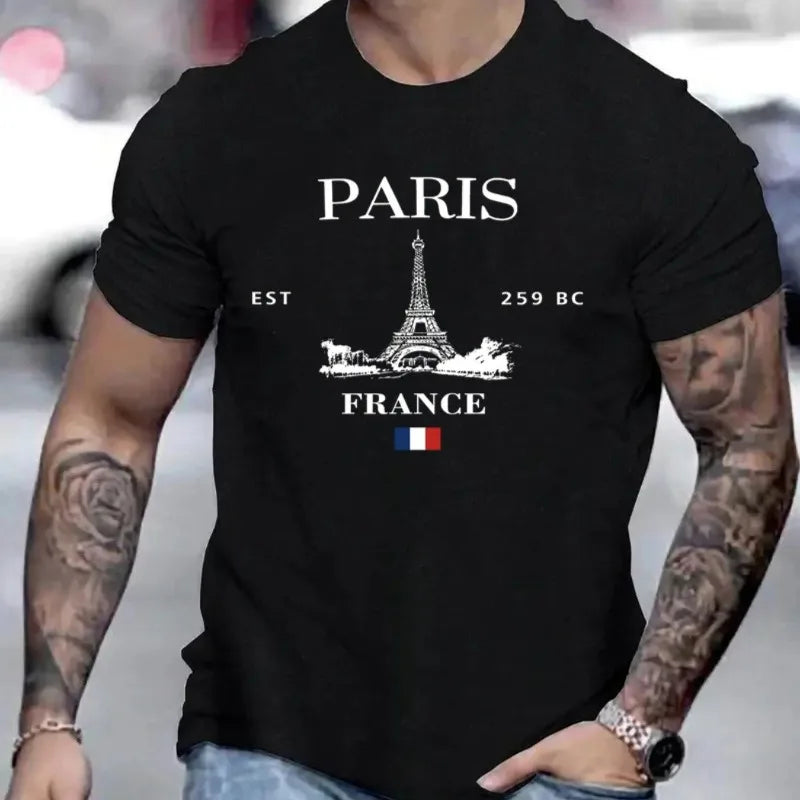 Paris Print Men's Crew Neck Fashionable Summer Spring Athletic Style Comfort Fit T-Shirt Short Sleeve Sports Comfortable T-shirt