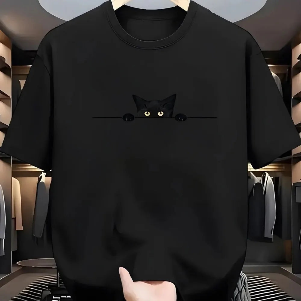 New Men's Summer Fashionable, Casual, Comfortable, Breathable Round Neck T-shirt with Kitten Pattern Printed Outdoor Street Top