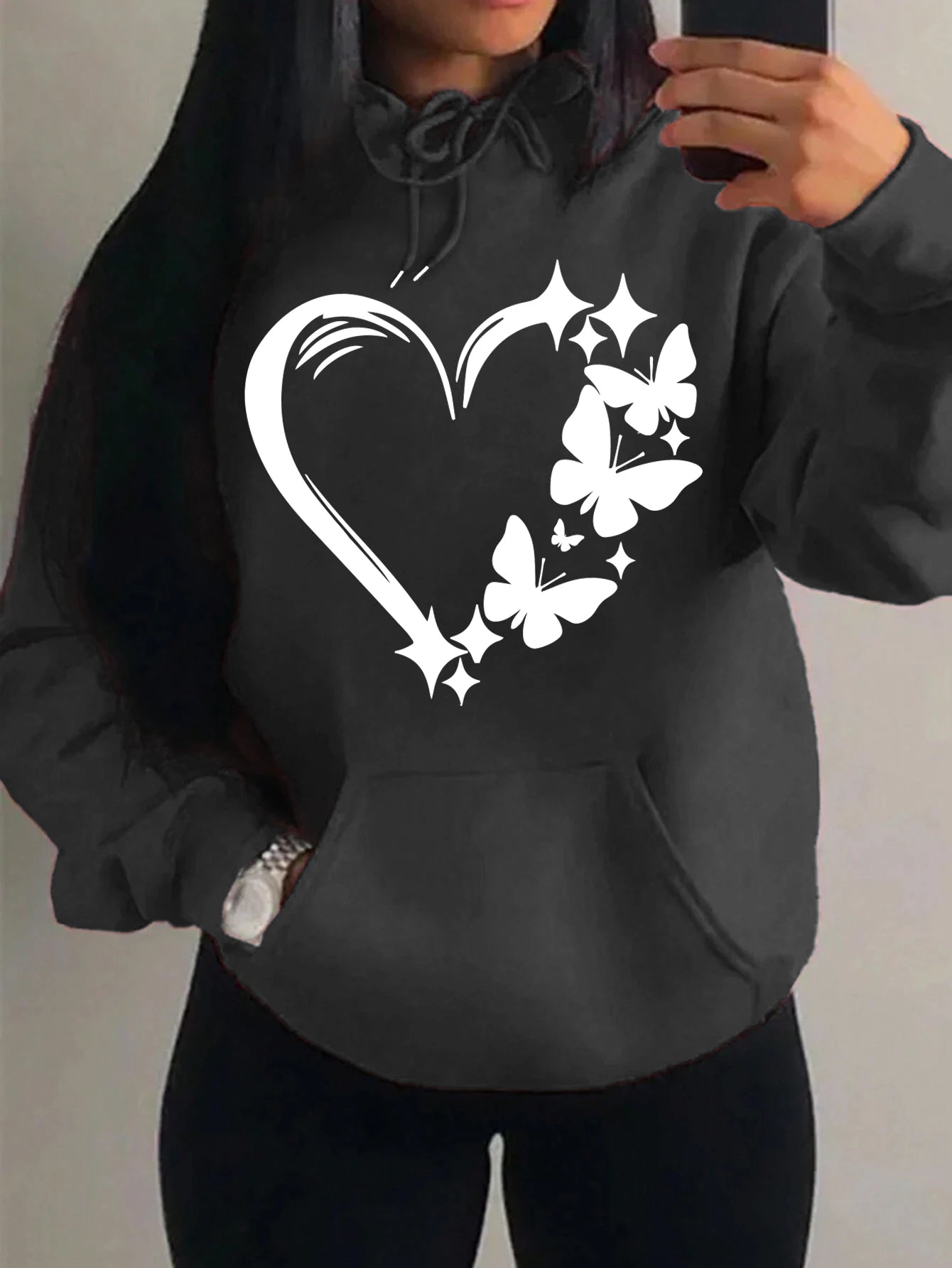Combination Of Love And Butterfly  Pattern Hoody Women Hip Hop Street Hoodies Trendy Pocket Clothes Vintage Multicolor Hoodie