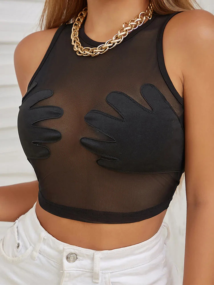 Mesh Patchwork Vest Women Sexy Round Neck Sleeveless Summer Body-Shaping See Through Hipster Crop Tops Lady  Tank