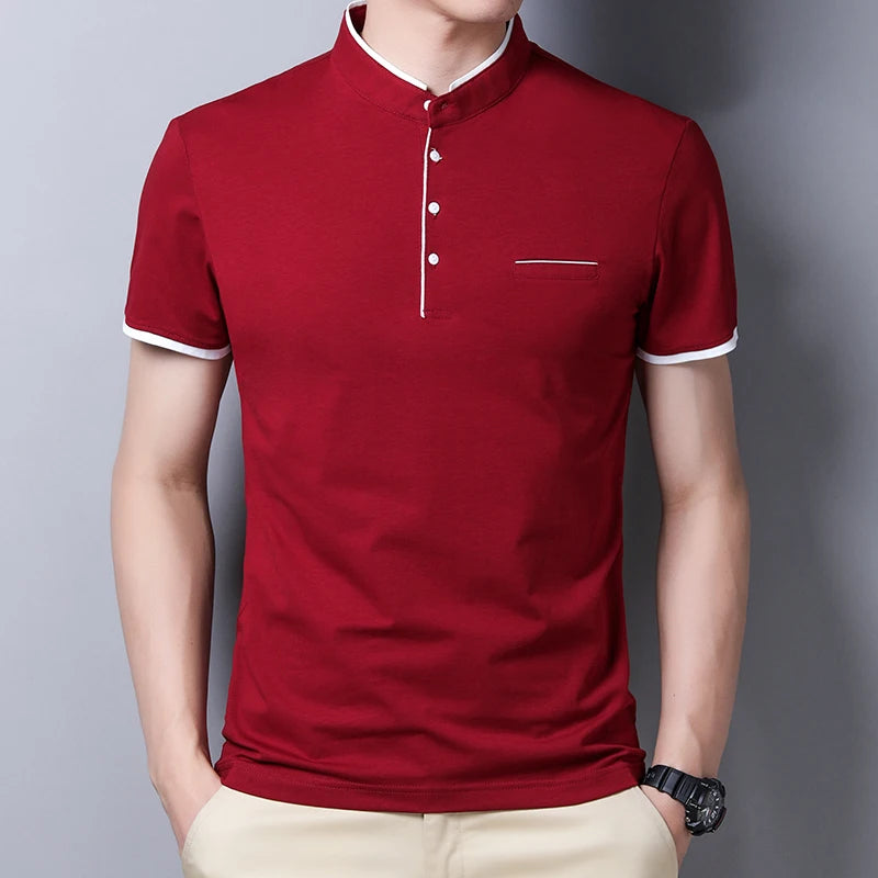2025 New Men's Casual and Fashionable Solid Color Short Sleeved Stand Up Collar T-shirt Summer Versatile and Comfortable Top