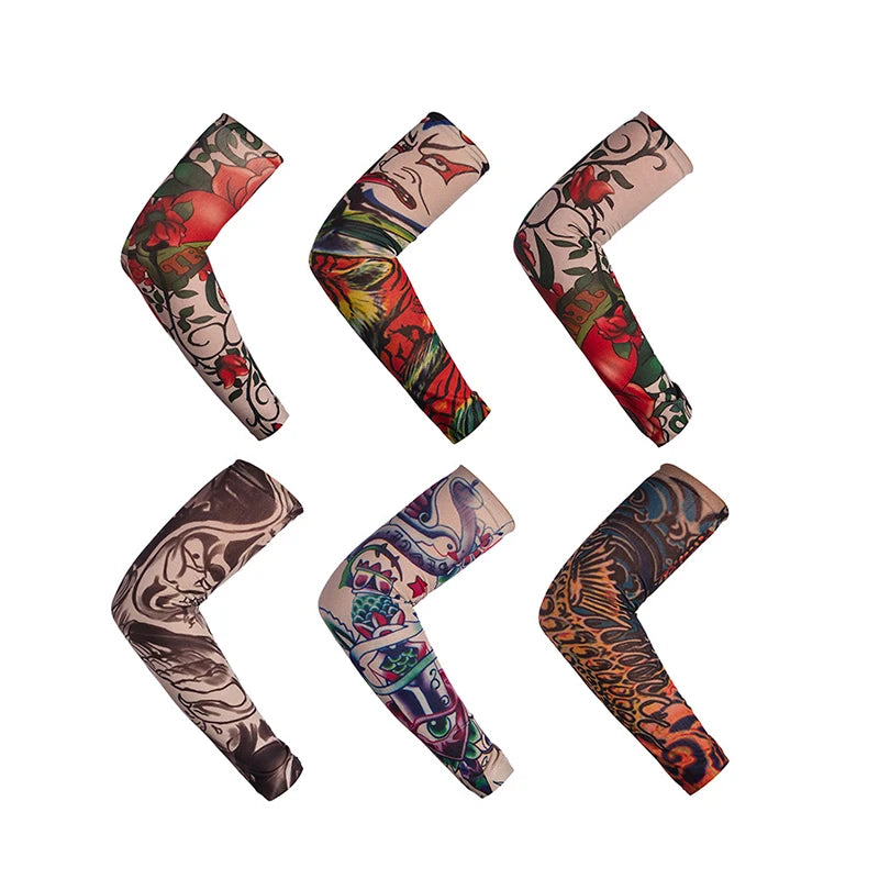 1PCS Men Long Fake Warmers Summer Tattoo Sleeves Sun Protection Cover Outdoor Gloves Driving Ice Silk Arm Sleeves Women