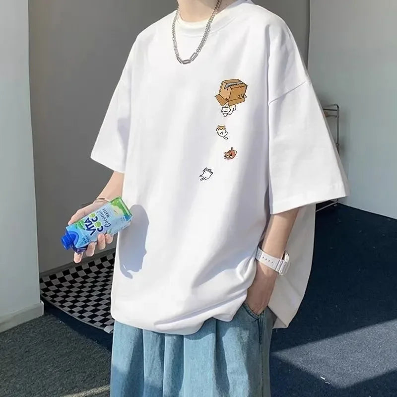 M-8XL Men Oversized Korean Fashion Loose American Vintage Carton Kitten Print Short Sleeve Versatile Trend Couple Outfit