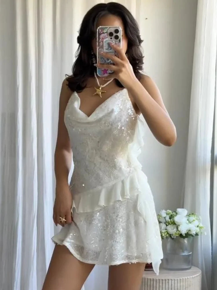 Fashion Glitter Sequin Ruffle Sling Mini Dress For Women Elegant Sleeveless Backless Short Suspender Dress Summer Party Vestidos