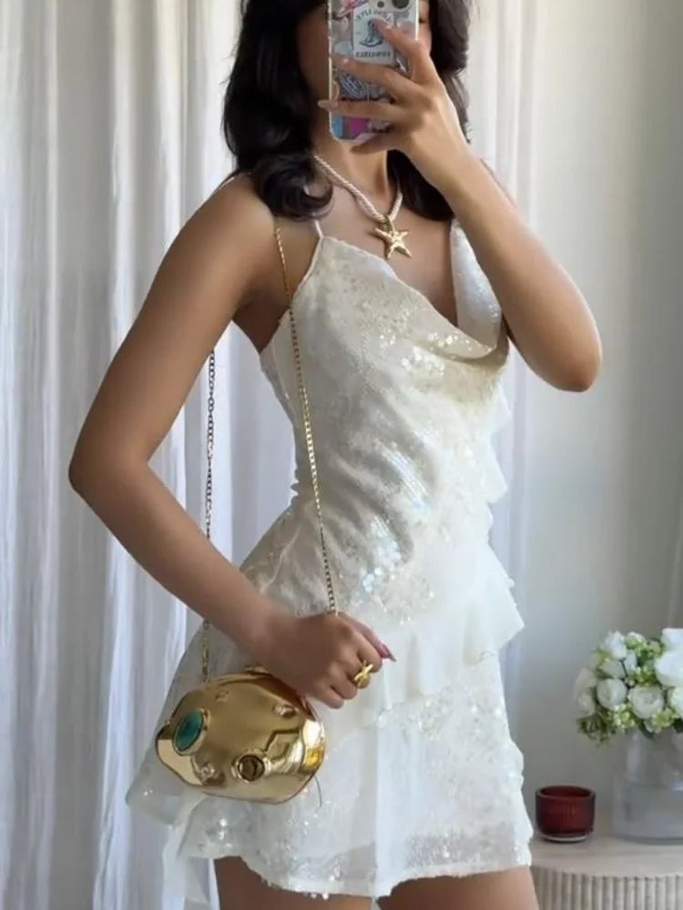 Fashion Glitter Sequin Ruffle Sling Mini Dress For Women Elegant Sleeveless Backless Short Suspender Dress Summer Party Vestidos