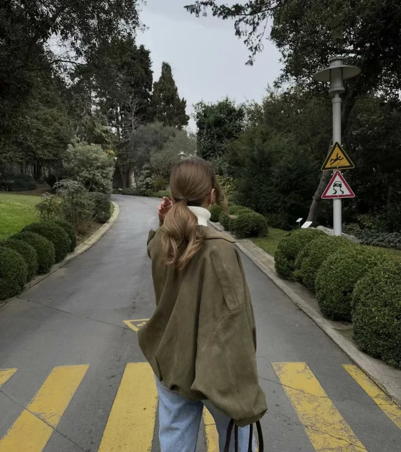 ETJ 2025 TRAF Spring new women's suede texture effect Loose version of fashion lapel shoulder bomber jacket