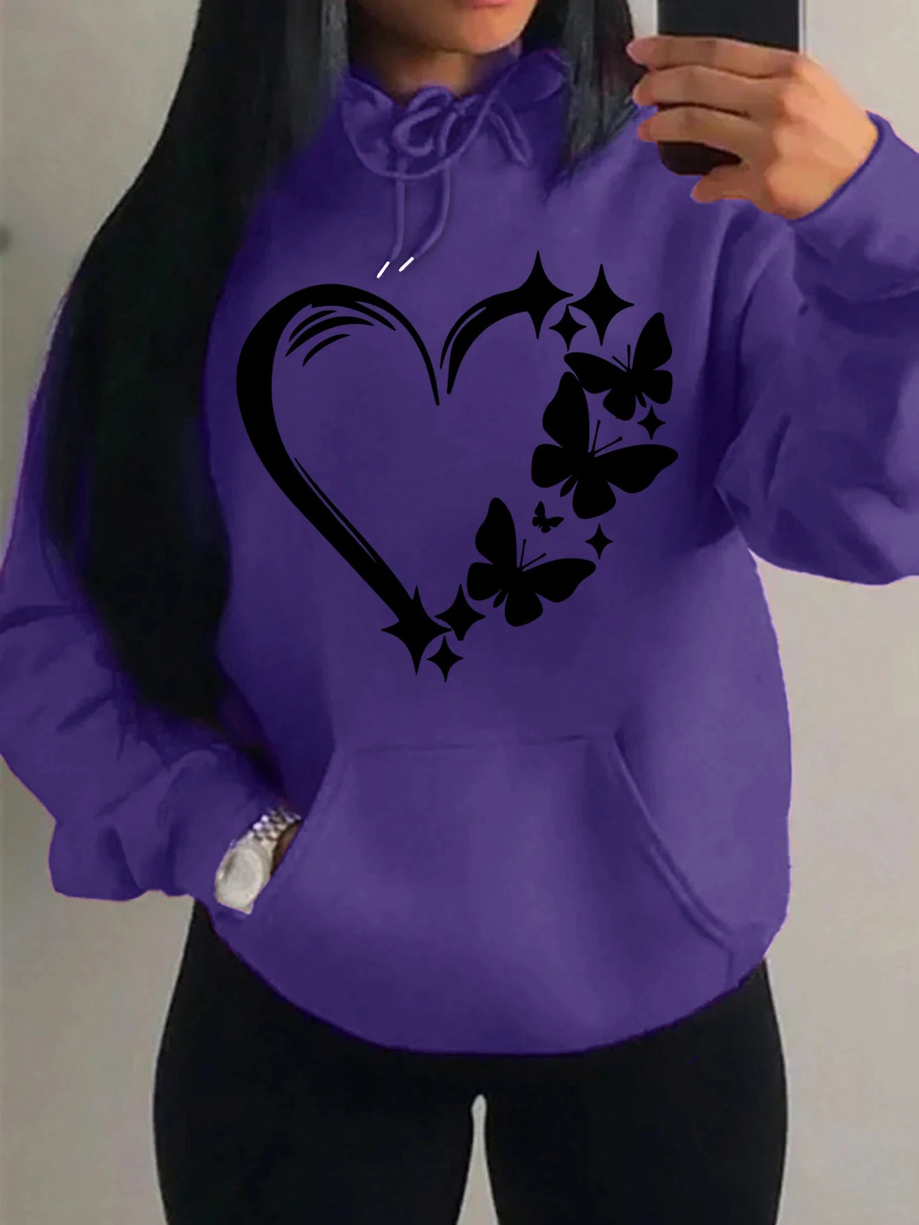 Combination Of Love And Butterfly  Pattern Hoody Women Hip Hop Street Hoodies Trendy Pocket Clothes Vintage Multicolor Hoodie