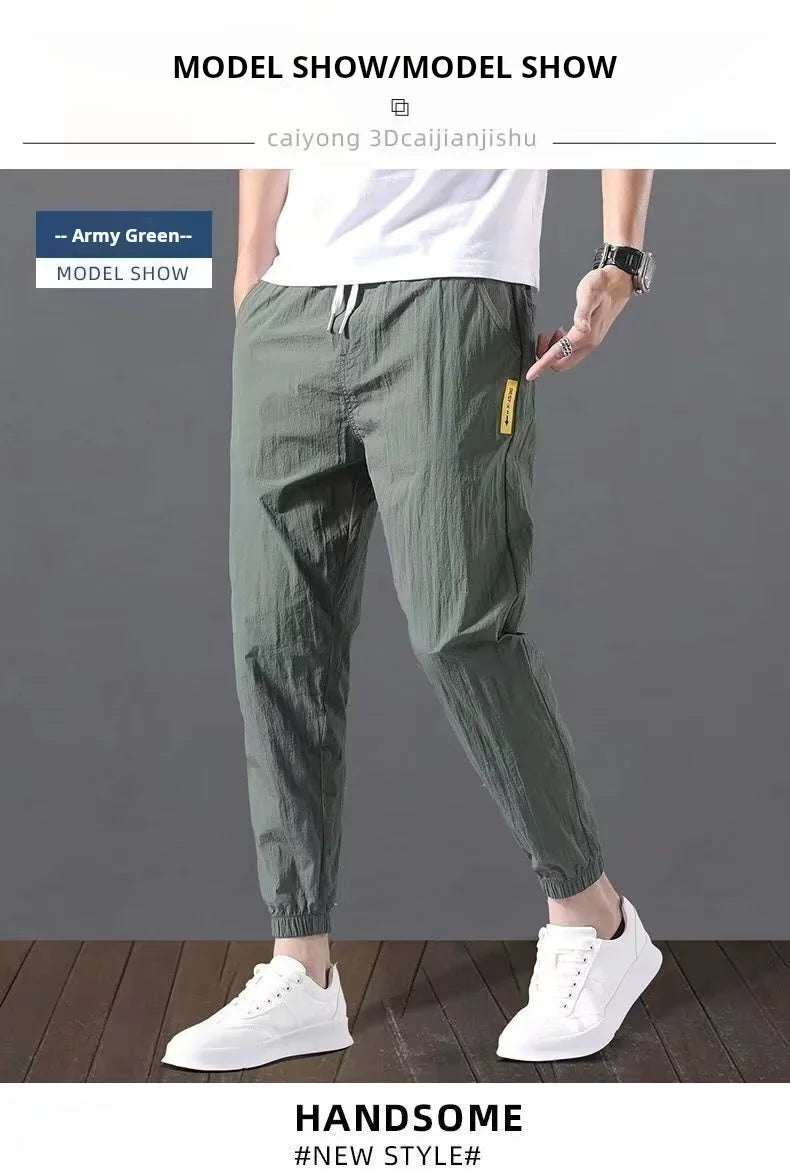 Summer New Fashion Trendloose Large Size Thin Ice Silk Breathable Korean Sports Casual Nine Point Pants 90s Vintage Clothes