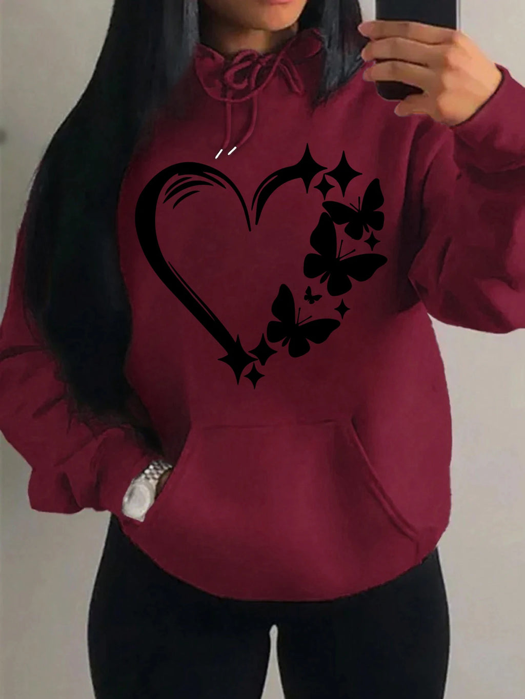 Combination Of Love And Butterfly  Pattern Hoody Women Hip Hop Street Hoodies Trendy Pocket Clothes Vintage Multicolor Hoodie