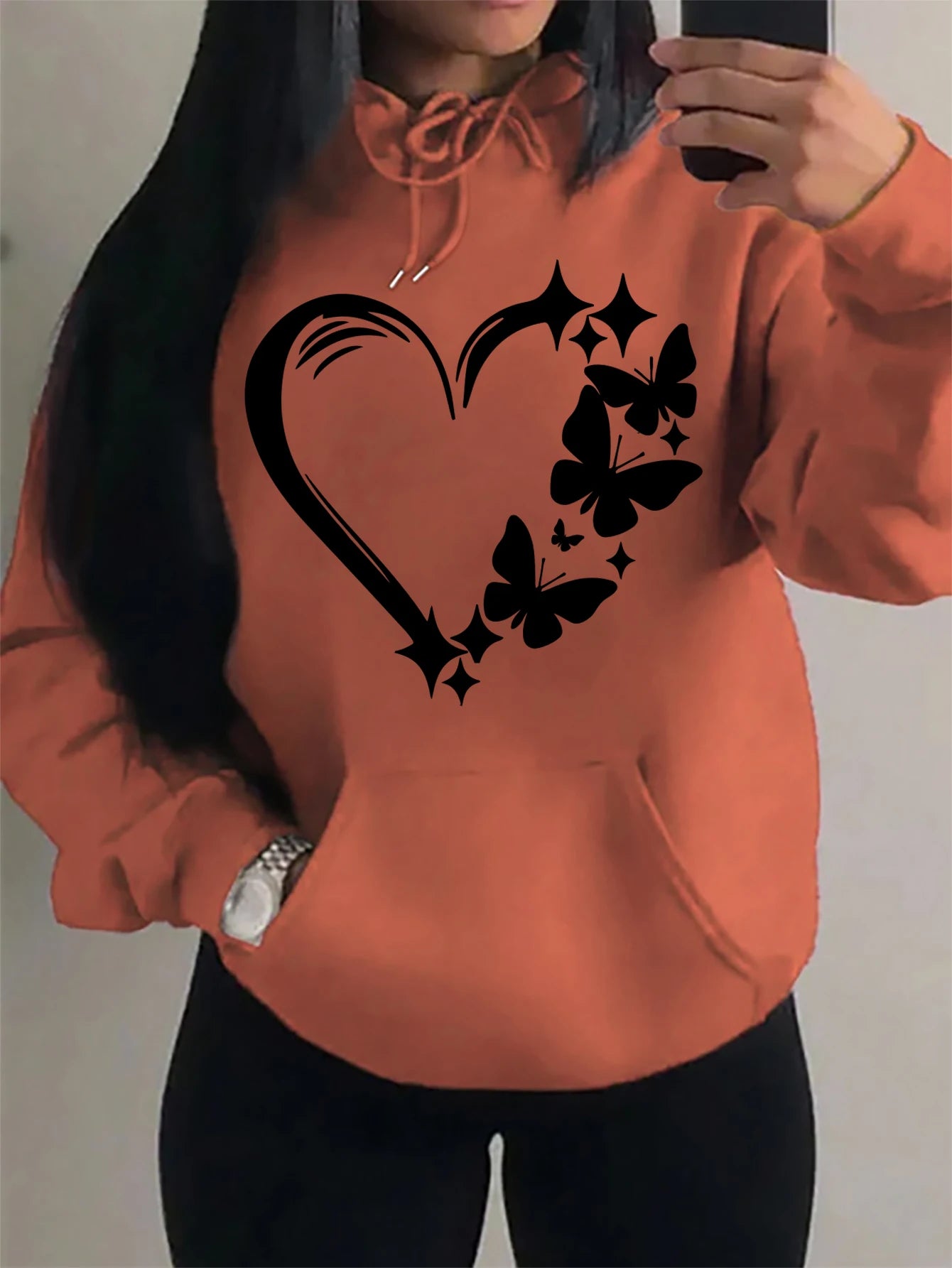 Combination Of Love And Butterfly  Pattern Hoody Women Hip Hop Street Hoodies Trendy Pocket Clothes Vintage Multicolor Hoodie