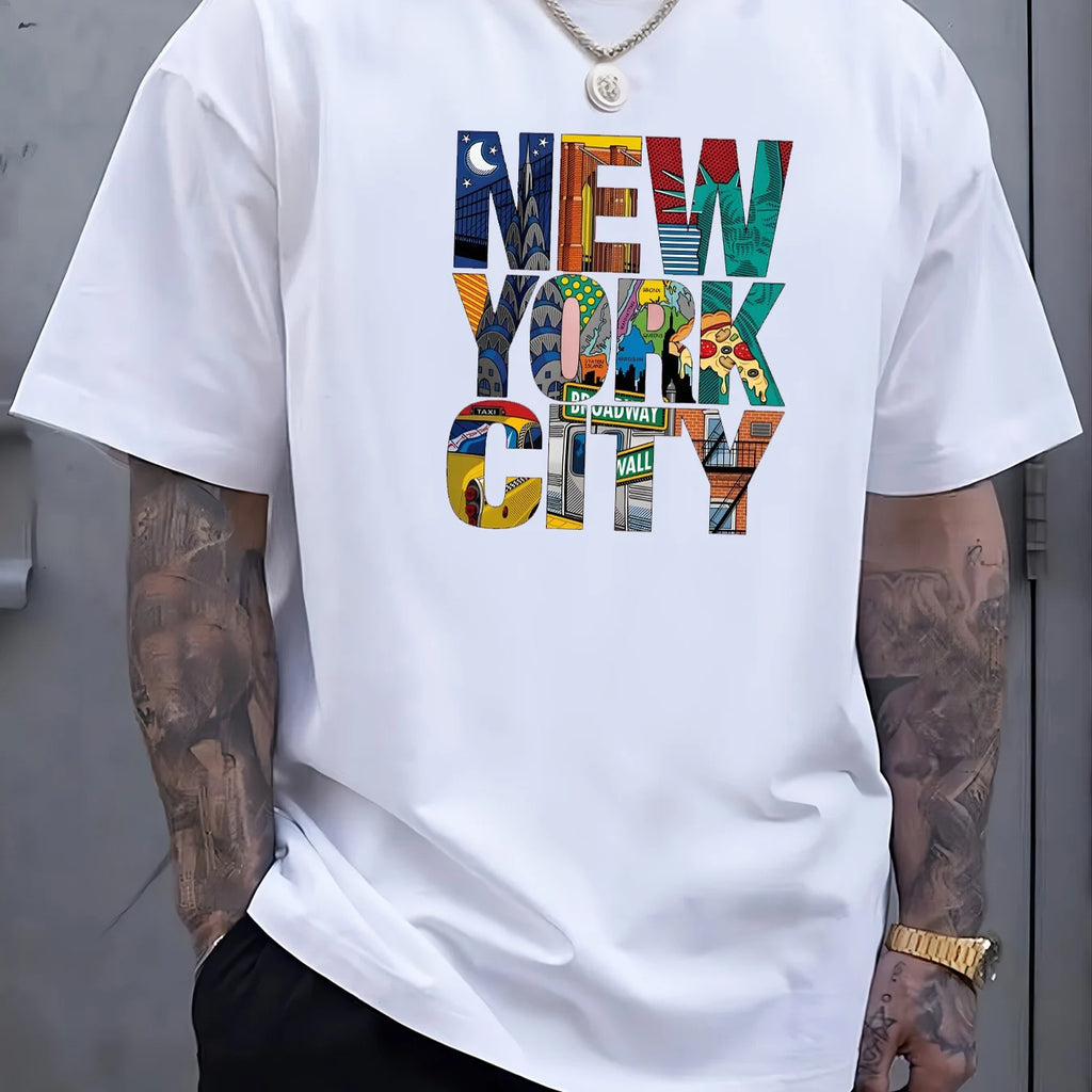 Summer men's 100% cotton comfortable casual loose plus size NEW YORK CITY printed sports round neck short sleeved T-shirt top