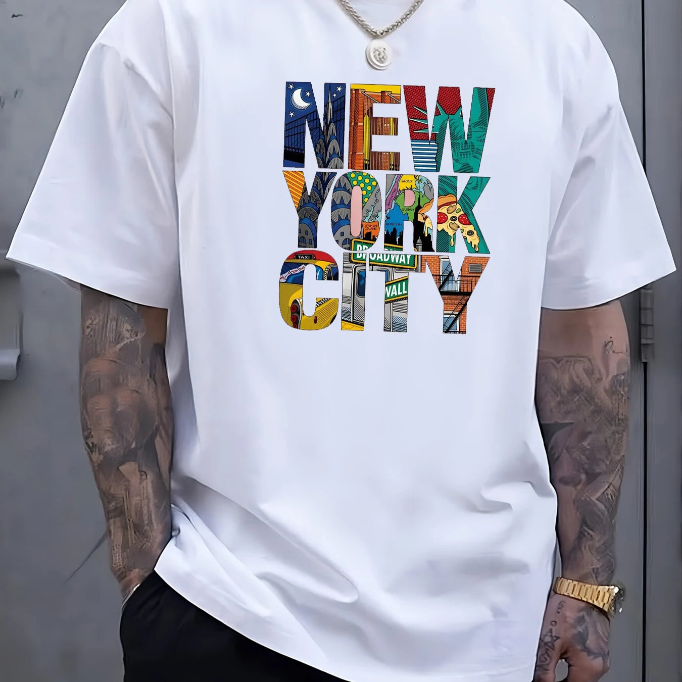 Summer men's 100% cotton comfortable casual loose plus size NEW YORK CITY printed sports round neck short sleeved T-shirt top