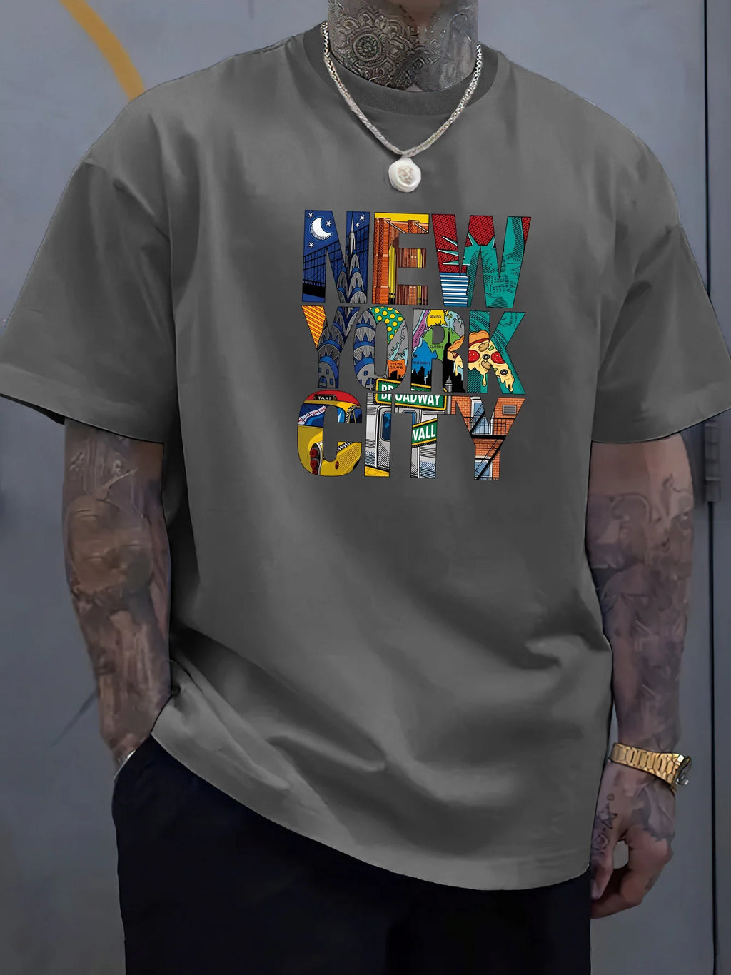 Summer men's 100% cotton comfortable casual loose plus size NEW YORK CITY printed sports round neck short sleeved T-shirt top