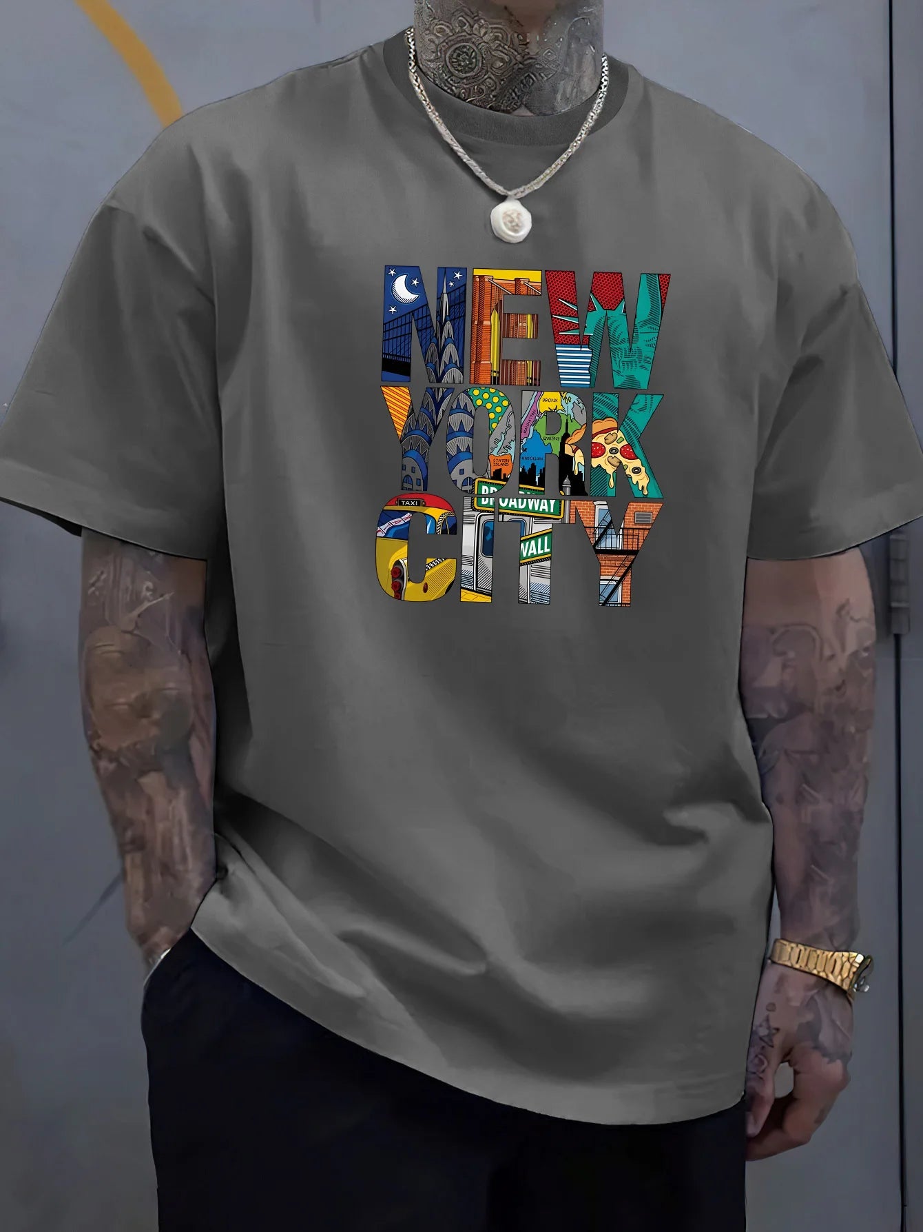 Summer men's 100% cotton comfortable casual loose plus size NEW YORK CITY printed sports round neck short sleeved T-shirt top