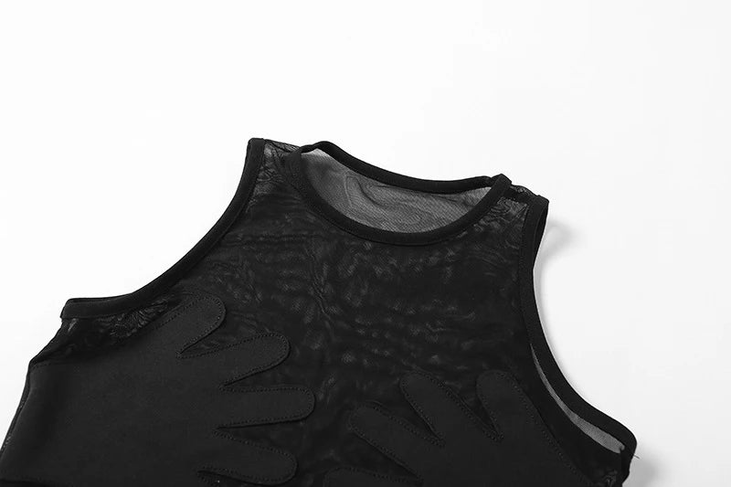 Mesh Patchwork Vest Women Sexy Round Neck Sleeveless Summer Body-Shaping See Through Hipster Crop Tops Lady  Tank