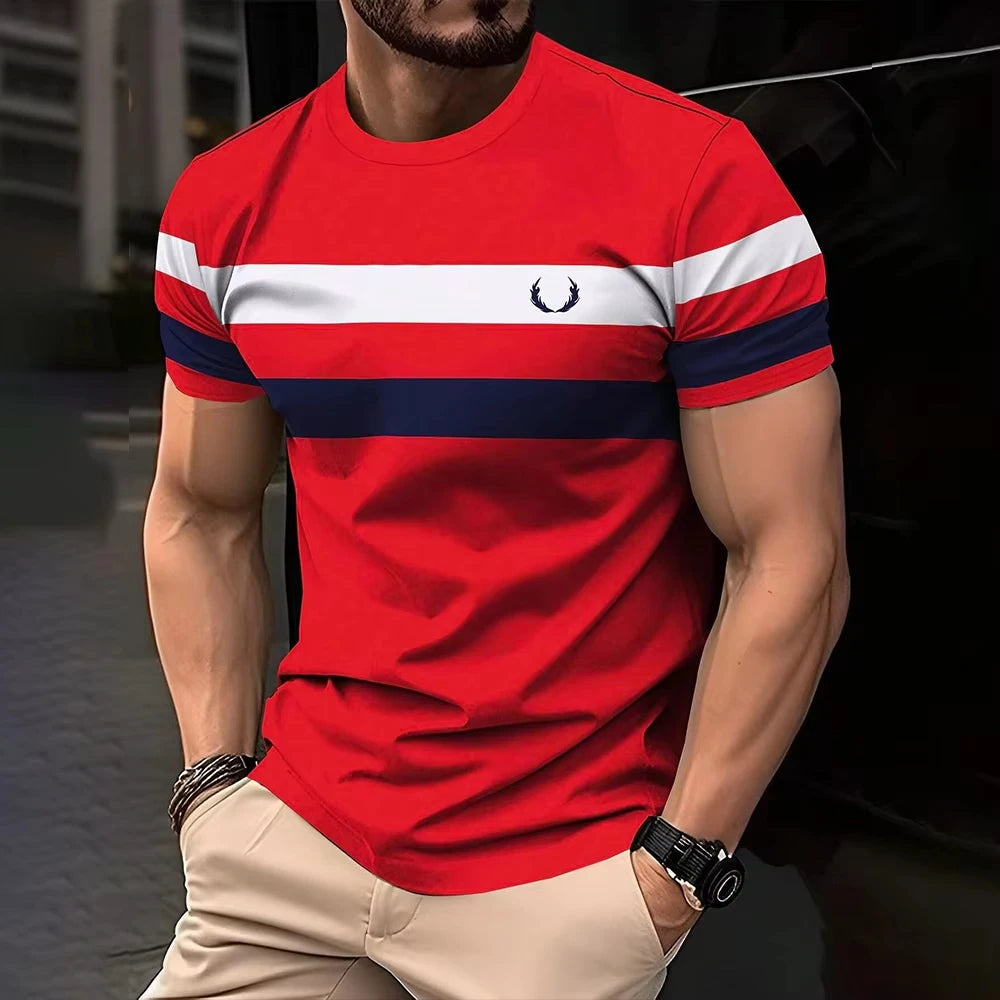 Simple casual printed striped men's T-shirt fashionable street men's summer top short sleeved loose oversized T-shirt