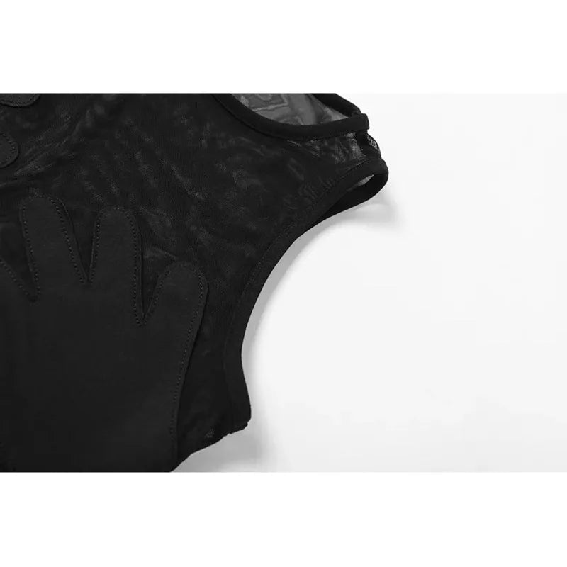 Women Summer Black Mesh See Through Palm Touch The Chest Tank Top 2025 Sexy Clubwear Streetwear Crop Tops Round Neck Clothing