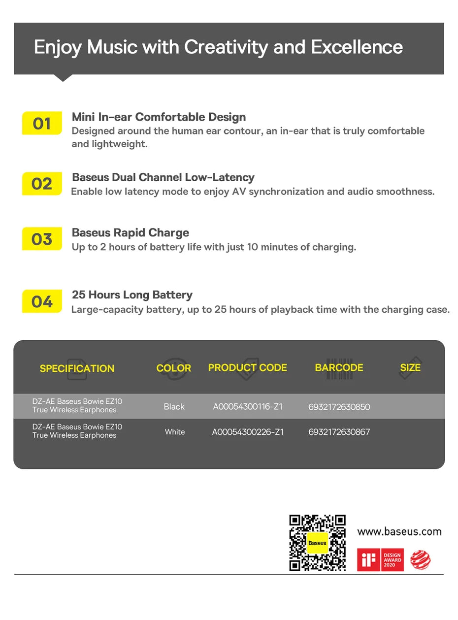 Baseus True Wireless Earphone Bluetooth 5.3 HiFi Sports Earbuds Fast Charge 0.06' Low Latency 25H Playtime
