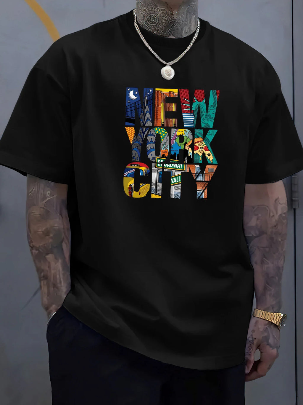 Summer men's 100% cotton comfortable casual loose plus size NEW YORK CITY printed sports round neck short sleeved T-shirt top