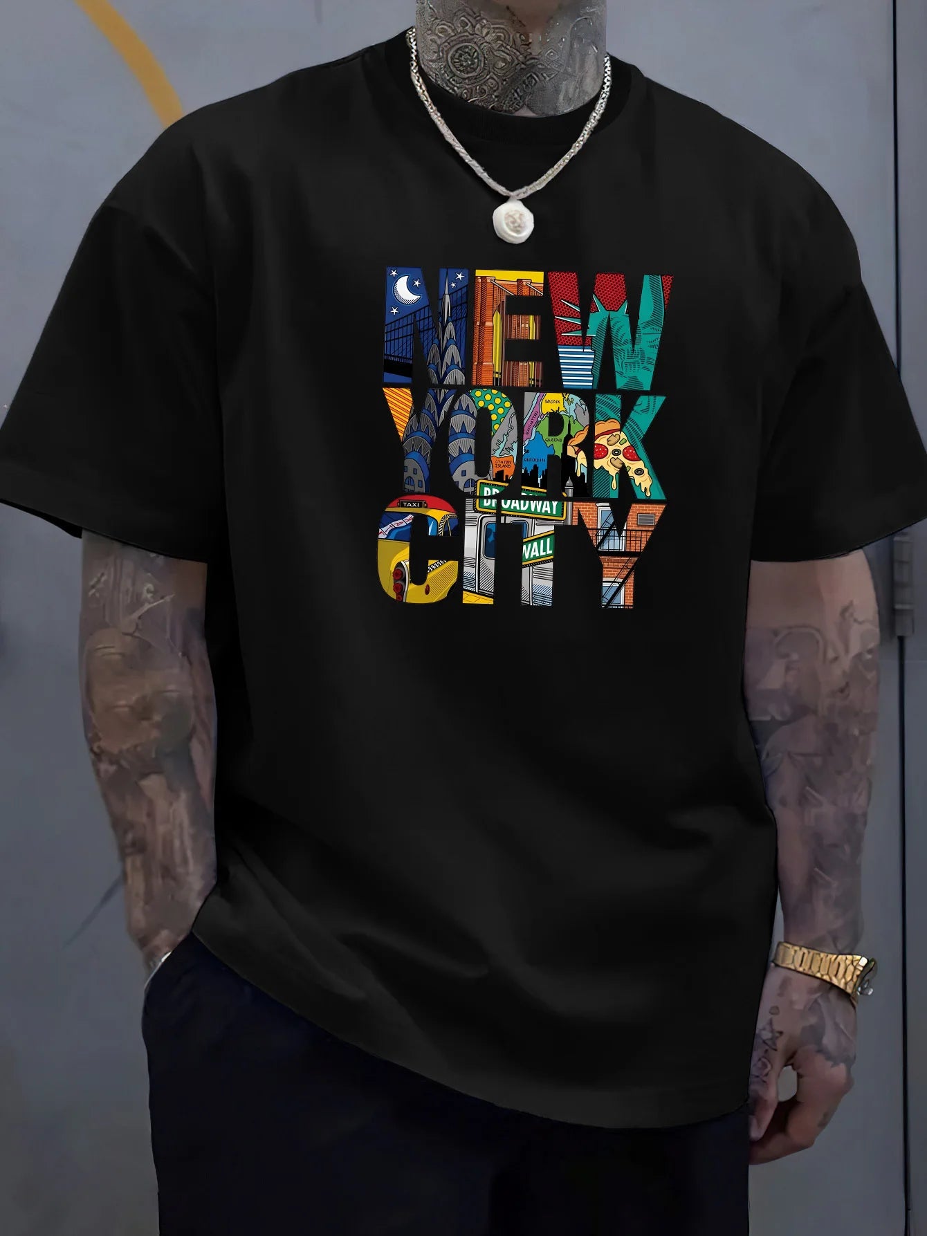 Summer men's 100% cotton comfortable casual loose plus size NEW YORK CITY printed sports round neck short sleeved T-shirt top