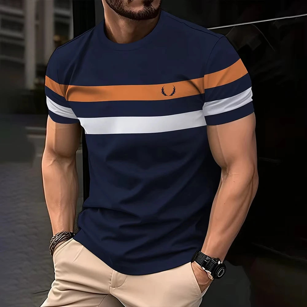 Simple casual printed striped men's T-shirt fashionable street men's summer top short sleeved loose oversized T-shirt