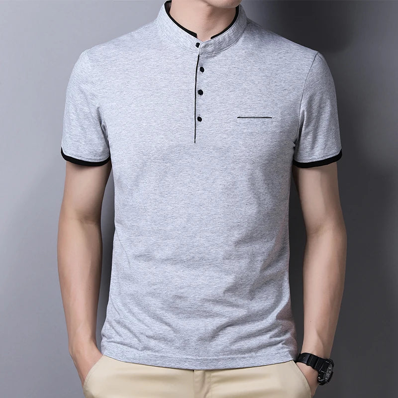 2025 New Men's Casual and Fashionable Solid Color Short Sleeved Stand Up Collar T-shirt Summer Versatile and Comfortable Top