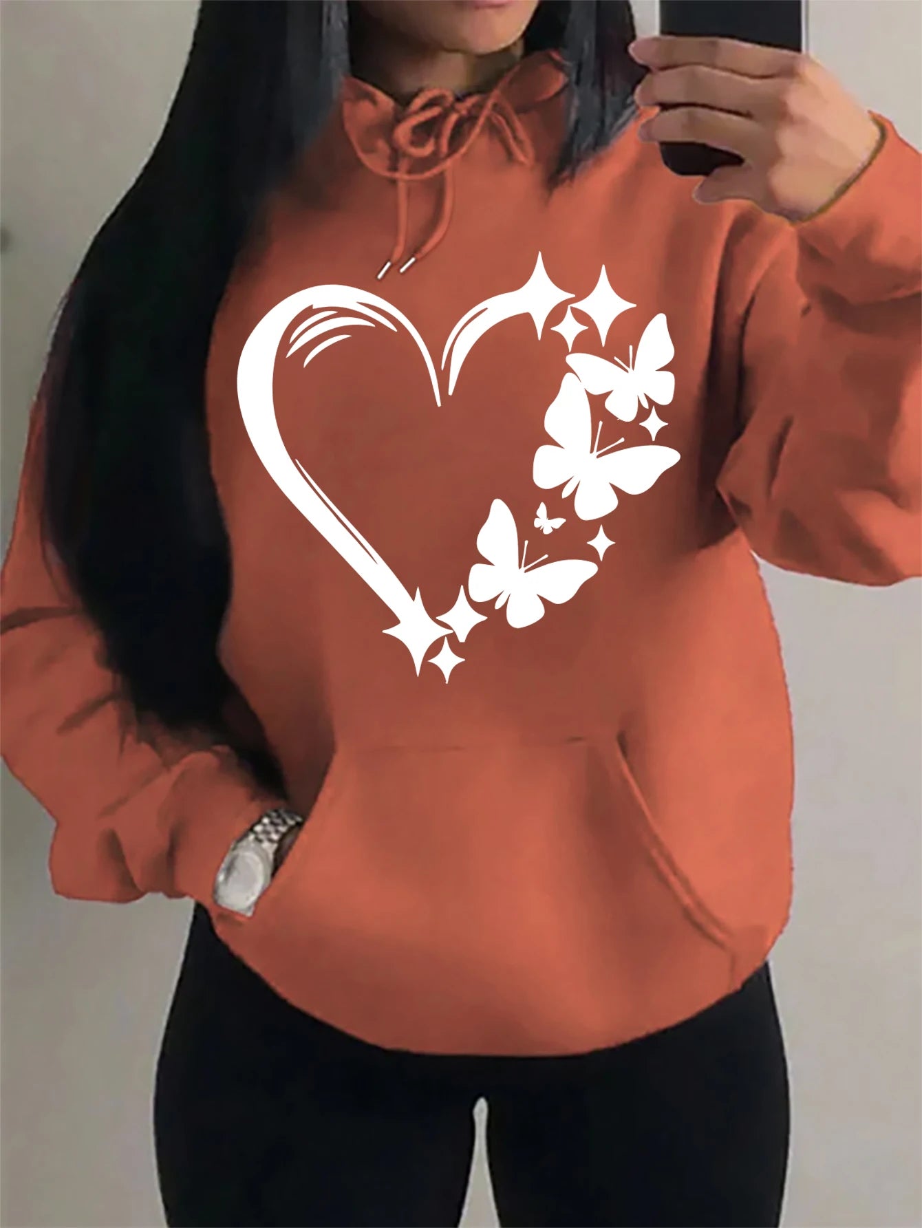 Combination Of Love And Butterfly  Pattern Hoody Women Hip Hop Street Hoodies Trendy Pocket Clothes Vintage Multicolor Hoodie