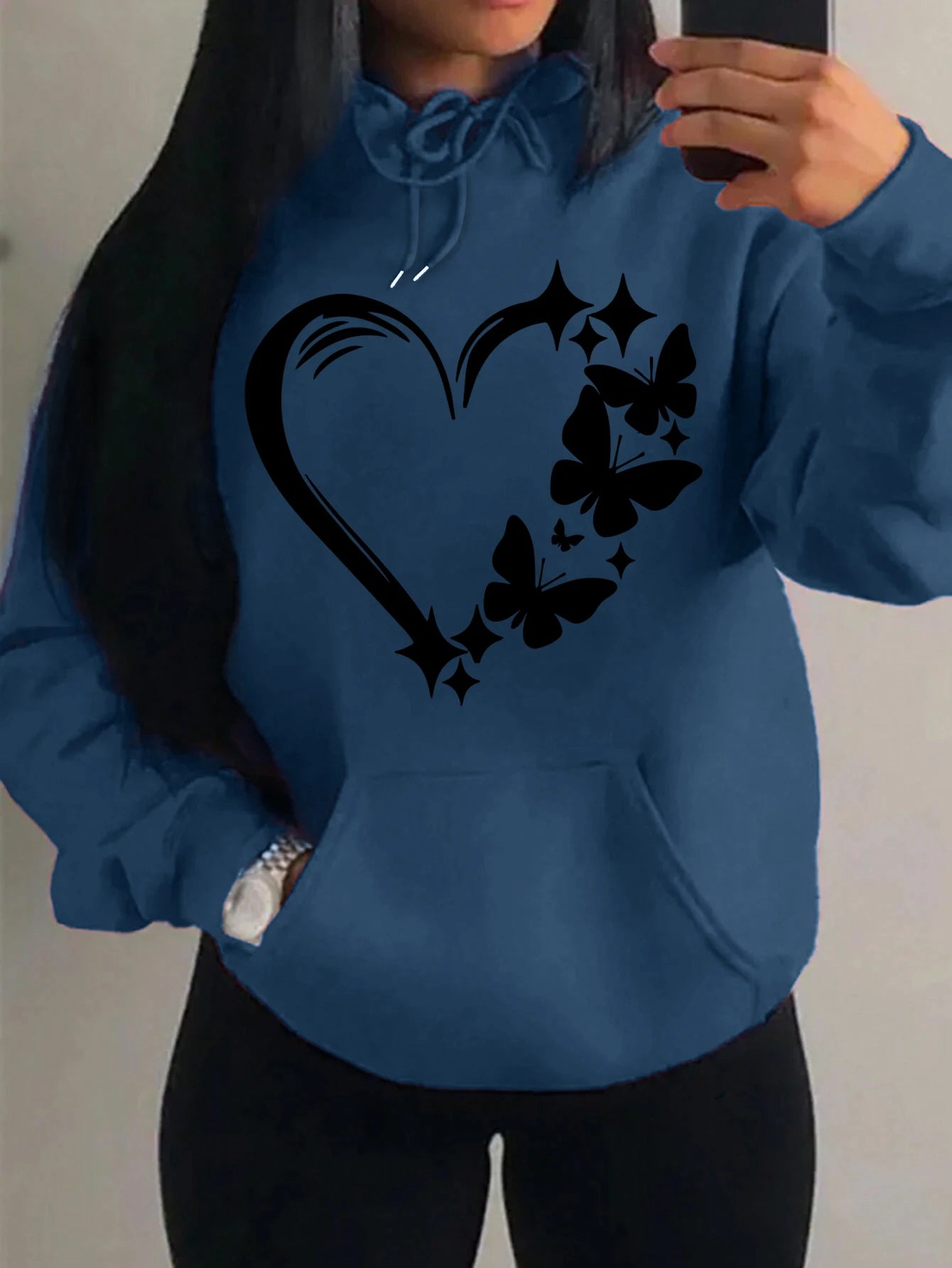 Combination Of Love And Butterfly  Pattern Hoody Women Hip Hop Street Hoodies Trendy Pocket Clothes Vintage Multicolor Hoodie