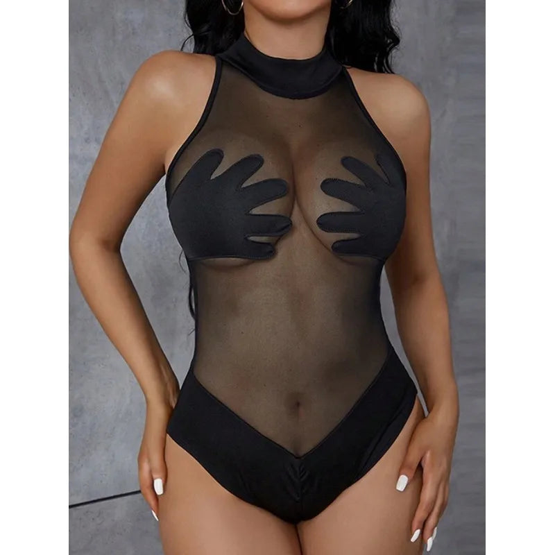 European and American summer new women's sexy see through mesh T-shirt with contrasting color splicing slim fit jumpsuit