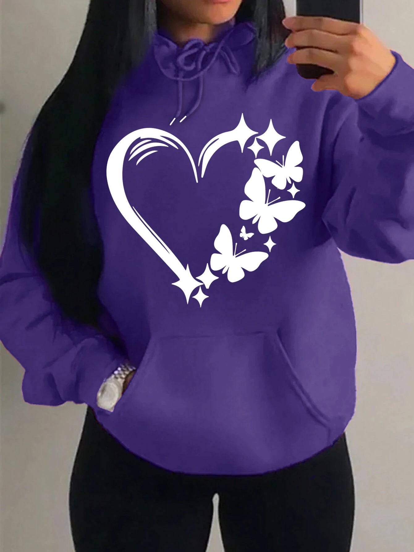 Combination Of Love And Butterfly  Pattern Hoody Women Hip Hop Street Hoodies Trendy Pocket Clothes Vintage Multicolor Hoodie