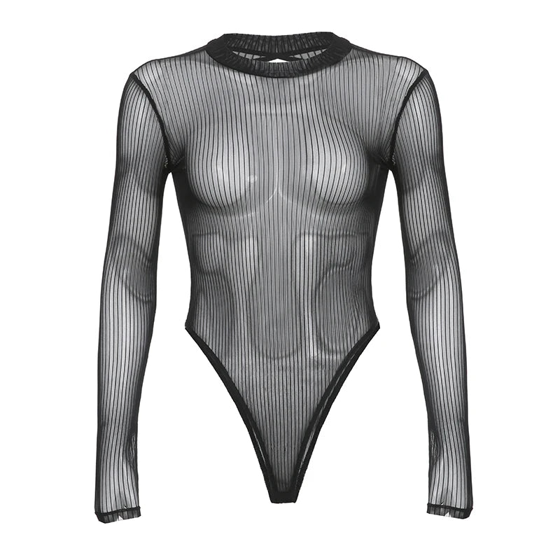 SUCHCUTE Sexy See Though Women T-shirts Gothic Mesh Black Long Sleeve Skinny Bodysuit Dark Fashion Hollow Out Backless Playsuit