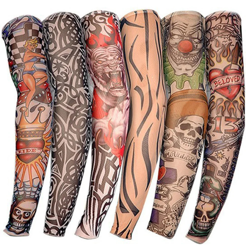 1PCS Men Long Fake Warmers Summer Tattoo Sleeves Sun Protection Cover Outdoor Gloves Driving Ice Silk Arm Sleeves Women