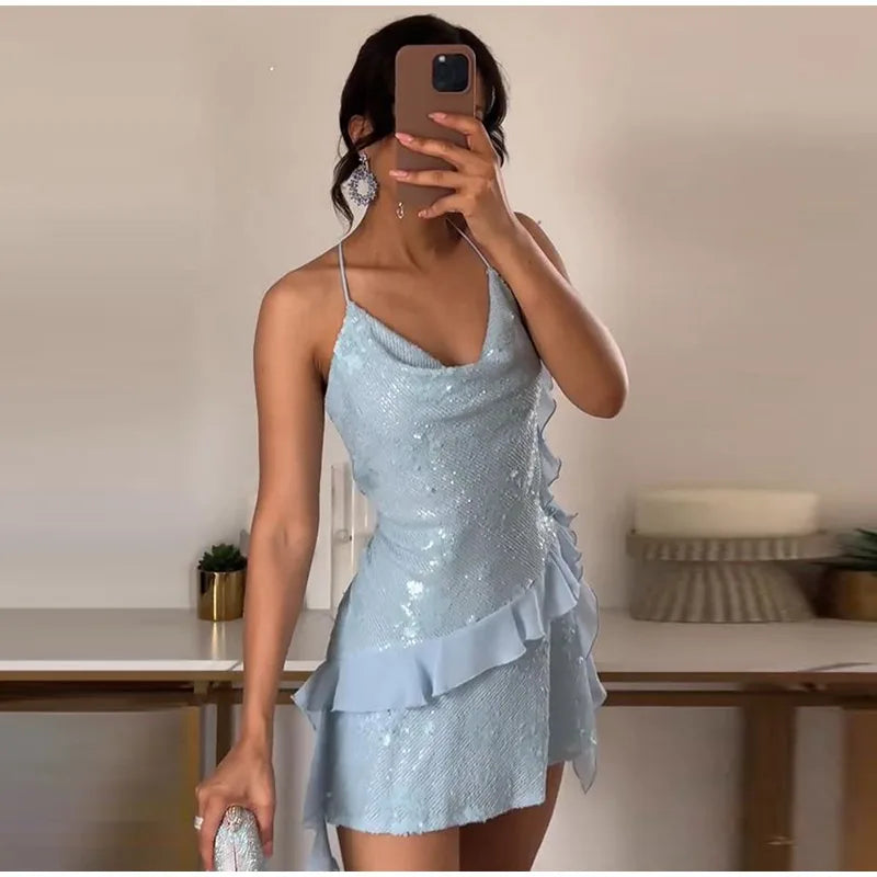 Fashion Glitter Sequin Ruffle Sling Mini Dress For Women Elegant Sleeveless Backless Short Suspender Dress Summer Party Vestidos