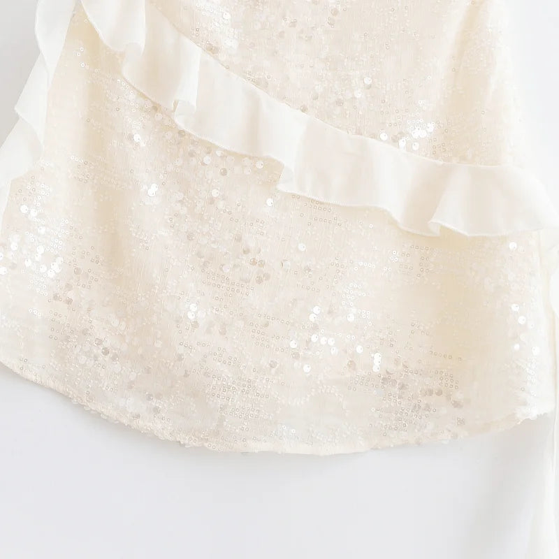 Fashion Glitter Sequin Ruffle Sling Mini Dress For Women Elegant Sleeveless Backless Short Suspender Dress Summer Party Vestidos