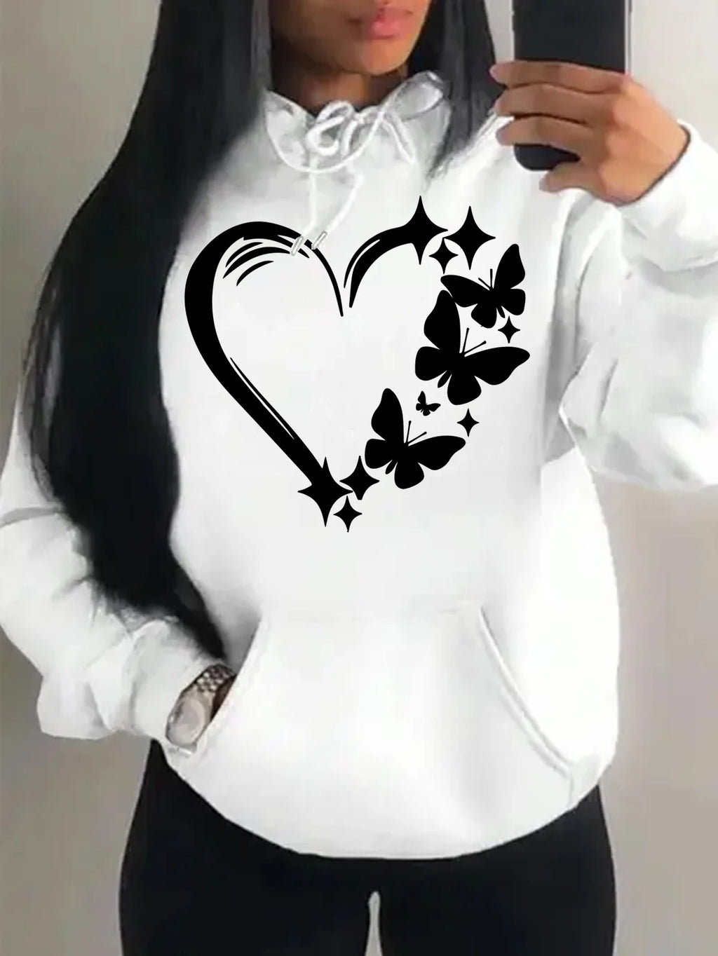 Combination Of Love And Butterfly  Pattern Hoody Women Hip Hop Street Hoodies Trendy Pocket Clothes Vintage Multicolor Hoodie