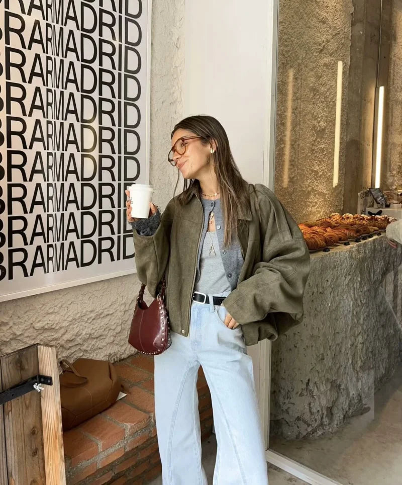 ETJ 2025 TRAF Spring new women's suede texture effect Loose version of fashion lapel shoulder bomber jacket