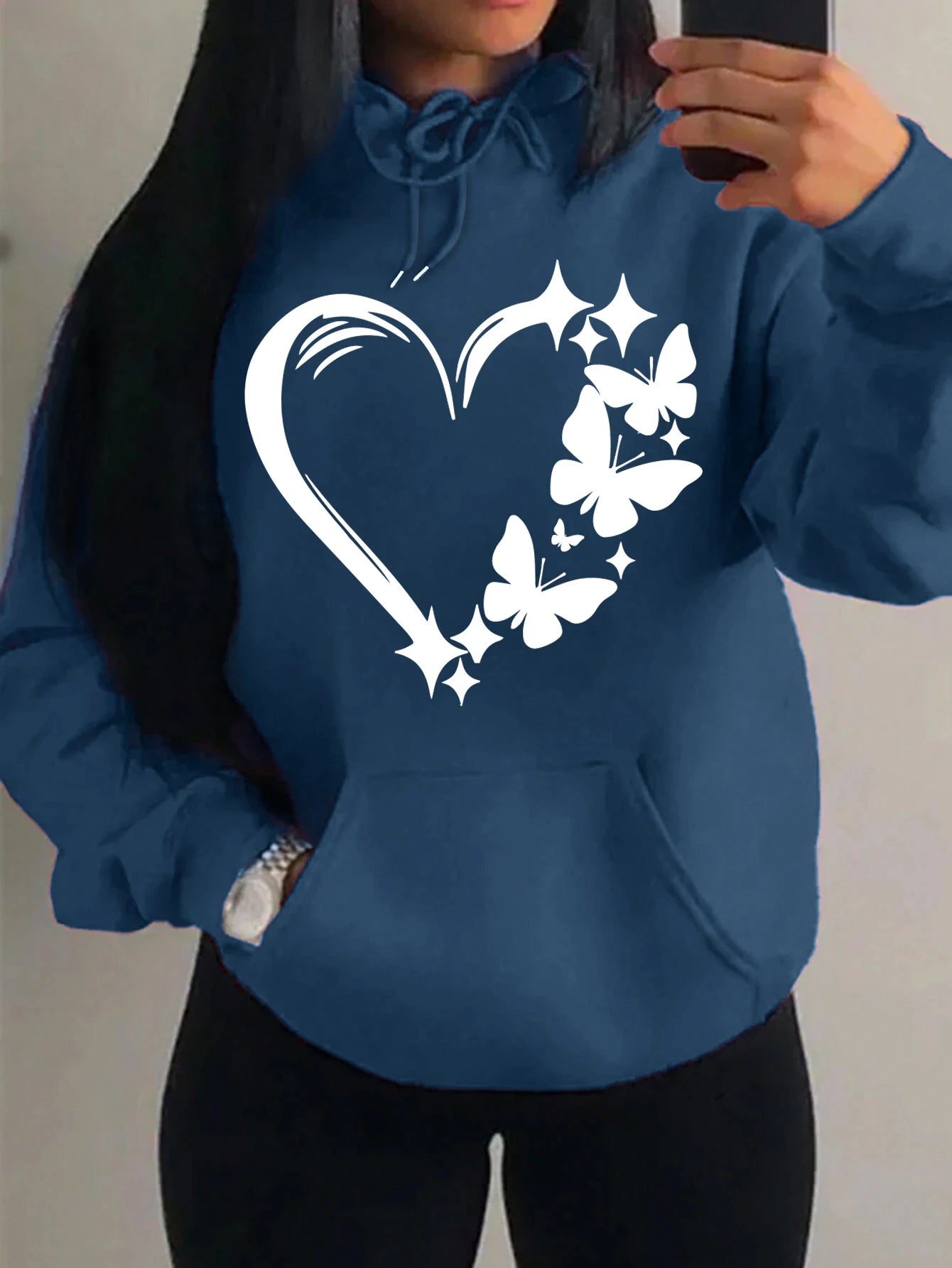 Combination Of Love And Butterfly  Pattern Hoody Women Hip Hop Street Hoodies Trendy Pocket Clothes Vintage Multicolor Hoodie